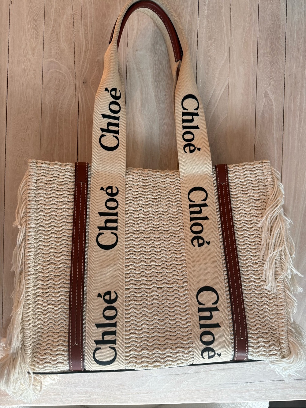 Chloe Cream Fringed Canvas Tote with Brown Trim
